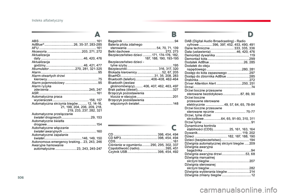 TOYOTA PROACE 2019 Instrukcja obsługi (in Polish) 506
Indeks alfabetyczny
Jumpy_pl_Chap11_index-alpha_ed01-2016
A
ABS ............................................................... 161
AdBlue® ................................ 26, 35 -37, 283 -285
A TOYOTA PROACE 2019 Instrukcja obsługi (in Polish) 506
Indeks alfabetyczny
Jumpy_pl_Chap11_index-alpha_ed01-2016
A
ABS ............................................................... 161
AdBlue® ................................ 26, 35 -37, 283 -285
A