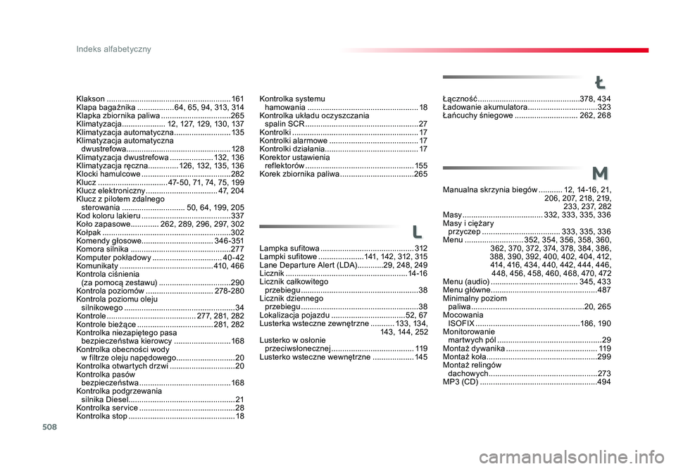 TOYOTA PROACE 2019 Instrukcja obsługi (in Polish) 508
Indeks alfabetyczny
Jumpy_pl_Chap11_index-alpha_ed01-2016
Ł
Łączność ............................................... 378, 434
Ładowanie akumulatora ................................323
Łań TOYOTA PROACE 2019 Instrukcja obsługi (in Polish) 508
Indeks alfabetyczny
Jumpy_pl_Chap11_index-alpha_ed01-2016
Ł
Łączność ............................................... 378, 434
Ładowanie akumulatora ................................323
Łań