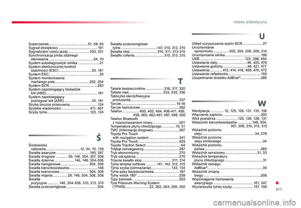 TOYOTA PROACE 2019 Instrukcja obsługi (in Polish) 511
.
Indeks alfabetyczny
Jumpy_pl_Chap11_index-alpha_ed01-2016
U
Układ oczyszczania spalin SCR .....................27
Uruchamianie samochodu ................202, 204, 206, 209, 214
Uruchamianie TOYOTA PROACE 2019 Instrukcja obsługi (in Polish) 511
.
Indeks alfabetyczny
Jumpy_pl_Chap11_index-alpha_ed01-2016
U
Układ oczyszczania spalin SCR .....................27
Uruchamianie samochodu ................202, 204, 206, 209, 214
Uruchamianie