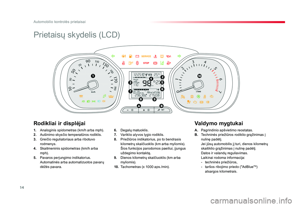 TOYOTA PROACE 2019 Eksploatavimo vadovas (in Lithuanian) 14
Automobilio kontrolės prietaisai
Proace_lt_Chap01_instruments-de-bord_ed01-2016
Prietaisų skydelis (LCD)
1. Analoginis spidometras (km/h arba mph).
2. Aušinimo skysčio temperatūros rodiklis TOYOTA PROACE 2019 Eksploatavimo vadovas (in Lithuanian) 14
Automobilio kontrolės prietaisai
Proace_lt_Chap01_instruments-de-bord_ed01-2016
Prietaisų skydelis (LCD)
1. Analoginis spidometras (km/h arba mph).
2. Aušinimo skysčio temperatūros rodiklis