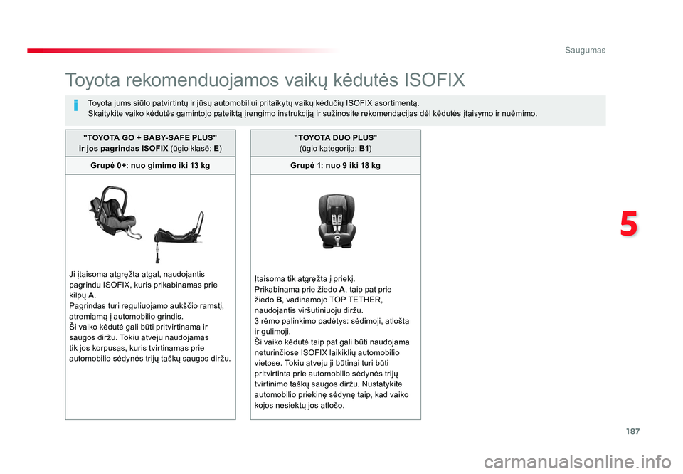 TOYOTA PROACE 2019  Eksploatavimo vadovas (in Lithuanian) 187
5
Saugumas
Proace_lt_Chap05_securite_ed01-2016
Toyota rekomenduojamos vaikų kėdutės ISOFIX
Toyota jums siūlo patvirtintų ir jūsų automobiliui pritaikytų vaikų kėdučių ISOFIX asortiment