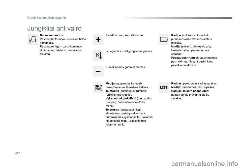 TOYOTA PROACE 2019 Eksploatavimo vadovas (in Lithuanian) 344
Garso ir telematikos sistema
Proace_lt_Chap10b_NAC-1_ed01-2016
Jungikliai ant vairo
Medija (paspaudus trumpai):
pakeičiamas multimedijos šaltinis.
Telefonas (paspaudus trumpai):
"pakeliam TOYOTA PROACE 2019 Eksploatavimo vadovas (in Lithuanian) 344
Garso ir telematikos sistema
Proace_lt_Chap10b_NAC-1_ed01-2016
Jungikliai ant vairo
Medija (paspaudus trumpai):
pakeičiamas multimedijos šaltinis.
Telefonas (paspaudus trumpai):
"pakeliam