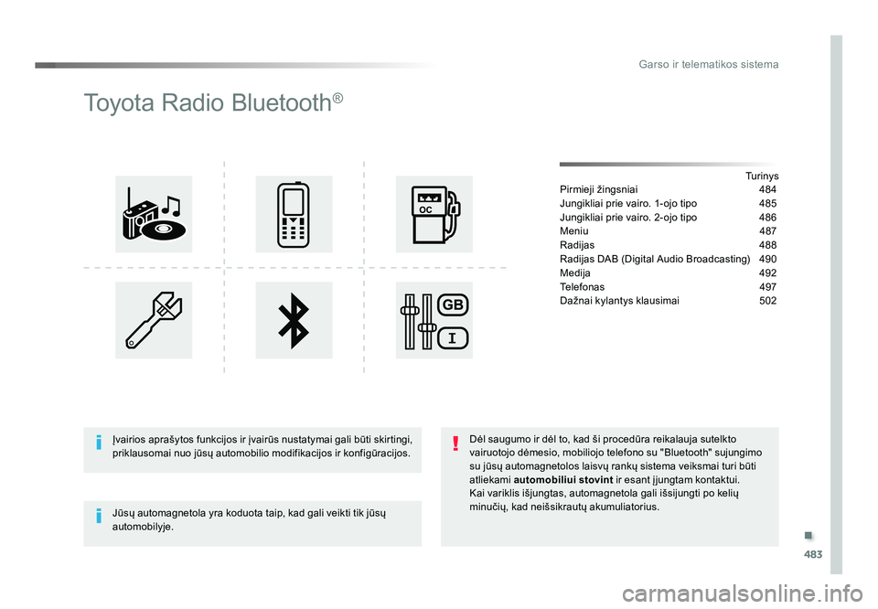 TOYOTA PROACE 2019 Eksploatavimo vadovas (in Lithuanian) .
483
Garso ir telematikos sistema
Proace_lt_Chap10d_RD6_ed01-2016
Toyota Radio Bluetooth®
Tu r i n y s
Pirmieji žingsniai 484
Jungikliai prie vairo. 1-ojo tipo 485
Jungikliai prie vairo. 2-ojo t TOYOTA PROACE 2019 Eksploatavimo vadovas (in Lithuanian) .
483
Garso ir telematikos sistema
Proace_lt_Chap10d_RD6_ed01-2016
Toyota Radio Bluetooth®
Tu r i n y s
Pirmieji žingsniai 484
Jungikliai prie vairo. 1-ojo tipo 485
Jungikliai prie vairo. 2-ojo t