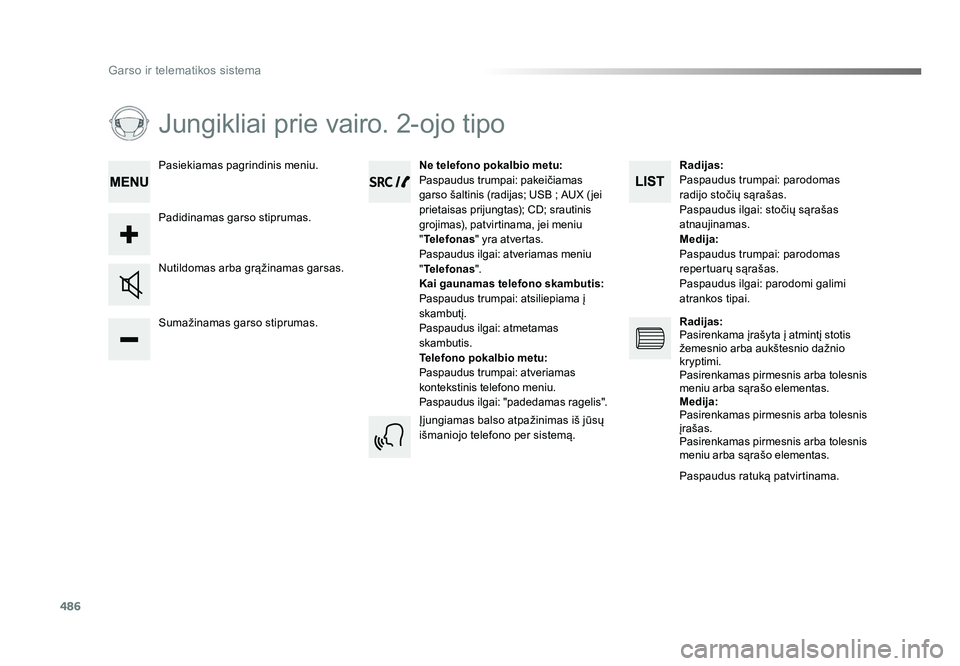 TOYOTA PROACE 2019 Eksploatavimo vadovas (in Lithuanian) 486
Garso ir telematikos sistema
Proace_lt_Chap10d_RD6_ed01-2016
Jungikliai prie vairo. 2-ojo tipo
Sumažinamas garso stiprumas. Nutildomas arba grąžinamas garsas.Ne telefono pokalbio metu:
Paspaudu TOYOTA PROACE 2019 Eksploatavimo vadovas (in Lithuanian) 486
Garso ir telematikos sistema
Proace_lt_Chap10d_RD6_ed01-2016
Jungikliai prie vairo. 2-ojo tipo
Sumažinamas garso stiprumas. Nutildomas arba grąžinamas garsas.Ne telefono pokalbio metu:
Paspaudu