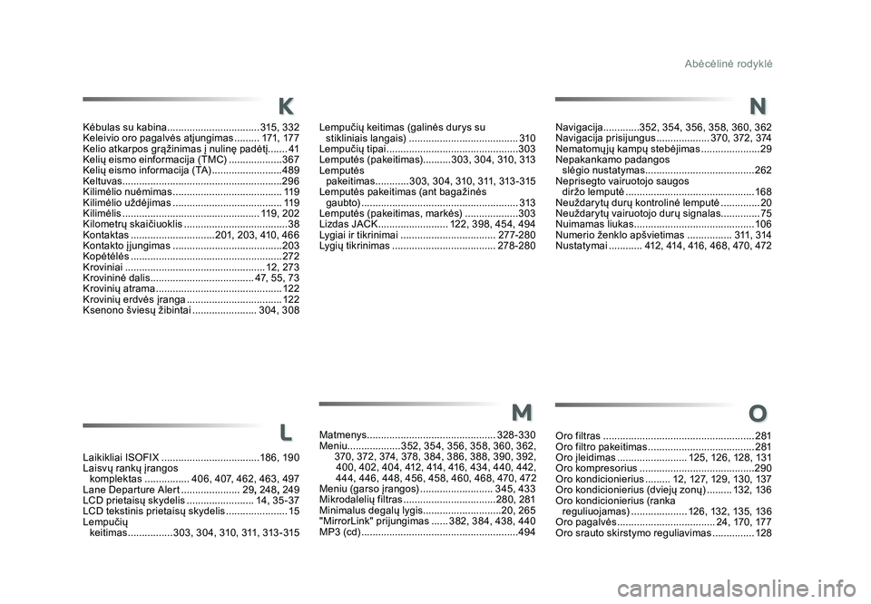 TOYOTA PROACE 2019 Eksploatavimo vadovas (in Lithuanian) Abėcėlinė rodyklė
Proace_lt_Chap11_index-alpha_ed01-2016
Kėbulas su kabina ................................. 315, 332
Keleivio oro pagalvės atjungimas .........171, 17 7
Kelio atkarpos grąžin TOYOTA PROACE 2019 Eksploatavimo vadovas (in Lithuanian) Abėcėlinė rodyklė
Proace_lt_Chap11_index-alpha_ed01-2016
Kėbulas su kabina ................................. 315, 332
Keleivio oro pagalvės atjungimas .........171, 17 7
Kelio atkarpos grąžin