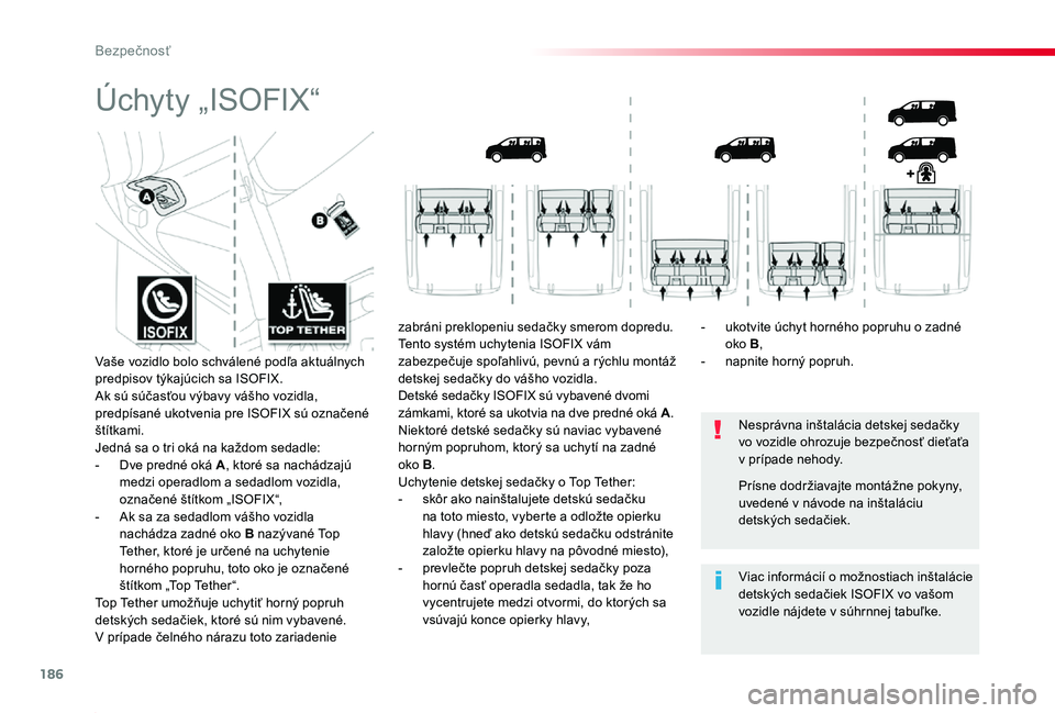 TOYOTA PROACE 2019 Návod na použitie (in Slovakian) 186
Proace_sk_Chap05_securite_ed01-2019
Úchyty „ISOFIX“
Nesprávna inštalácia detskej sedačky vo vozidle ohrozuje bezpečnosť dieťaťa v prípade nehody.
Viac informácií o možnostiach inÅ TOYOTA PROACE 2019 Návod na použitie (in Slovakian) 186
Proace_sk_Chap05_securite_ed01-2019
Úchyty „ISOFIX“
Nesprávna inštalácia detskej sedačky vo vozidle ohrozuje bezpečnosť dieťaťa v prípade nehody.
Viac informácií o možnostiach inÅ