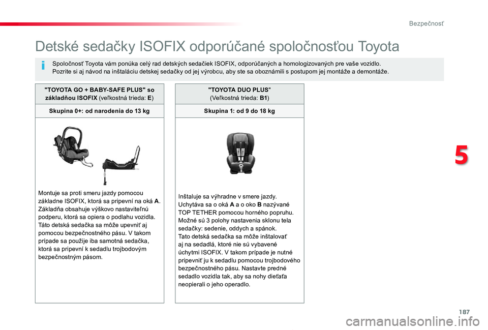TOYOTA PROACE 2019 Návod na použitie (in Slovakian) 187
Proace_sk_Chap05_securite_ed01-2019
Detské sedačky ISOFIX odporúčané spoločnosťou Toyota
Spoločnosť Toyota vám ponúka celý rad detských sedačiek ISOFIX, odporúčaných a homologizov TOYOTA PROACE 2019 Návod na použitie (in Slovakian) 187
Proace_sk_Chap05_securite_ed01-2019
Detské sedačky ISOFIX odporúčané spoločnosťou Toyota
Spoločnosť Toyota vám ponúka celý rad detských sedačiek ISOFIX, odporúčaných a homologizov