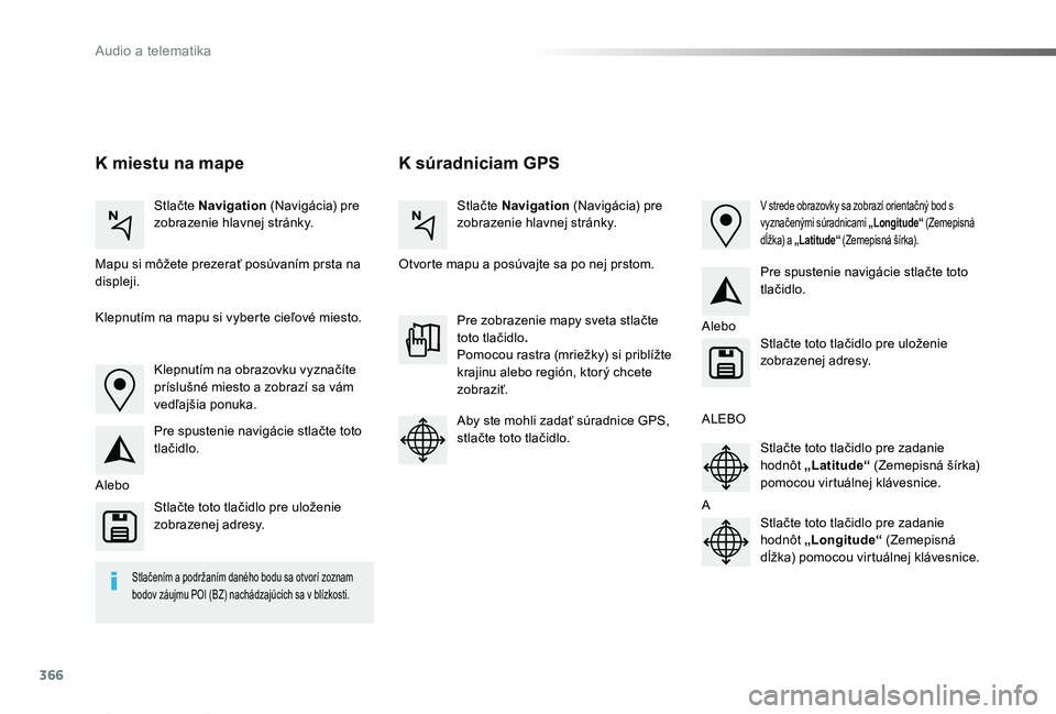 TOYOTA PROACE 2019  Návod na použitie (in Slovakian) 366
Proace_sk_Chap10b_NAC-1_ed01-2019
K súradniciam GPSK miestu na mape
Stlačte Navigation (Navigácia) pre zobrazenie hlavnej stránky.Stlačte Navigation (Navigácia) pre zobrazenie hlavnej strán