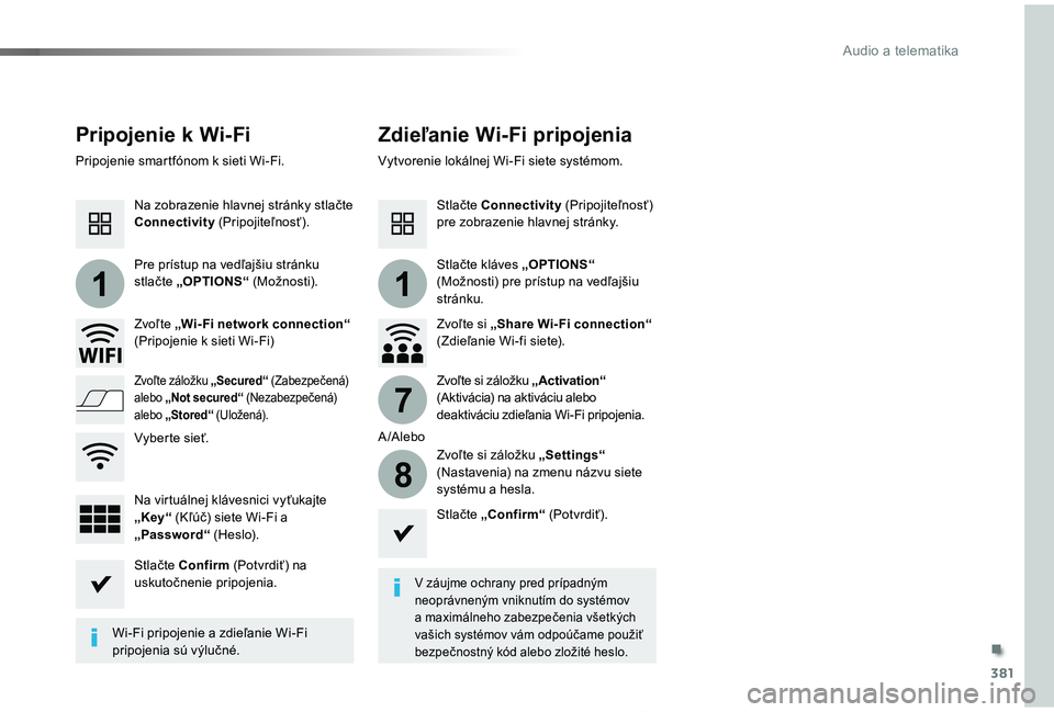 TOYOTA PROACE 2019  Návod na použitie (in Slovakian) .
381
11
7
8
Audio a telematika
Proace_sk_Chap10b_NAC-1_ed01-2019
Pripojenie k Wi-FiZdieľanie Wi-Fi pripojenia
V záujme ochrany pred prípadným neoprávneným vniknutím do systémov a maximálneho