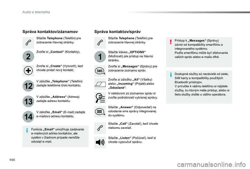 TOYOTA PROACE 2019 Návod na použitie (in Slovakian) 466
2
12
13
14
1
Proace_sk_Chap10c_RCC-1_ed01-2019
Prístup k „Messages“ (Správy) závisí od kompatibility smartfónu a integrovaného systému.Podľa smartfónu môže byť sťahovanie vašich TOYOTA PROACE 2019 Návod na použitie (in Slovakian) 466
2
12
13
14
1
Proace_sk_Chap10c_RCC-1_ed01-2019
Prístup k „Messages“ (Správy) závisí od kompatibility smartfónu a integrovaného systému.Podľa smartfónu môže byť sťahovanie vašich