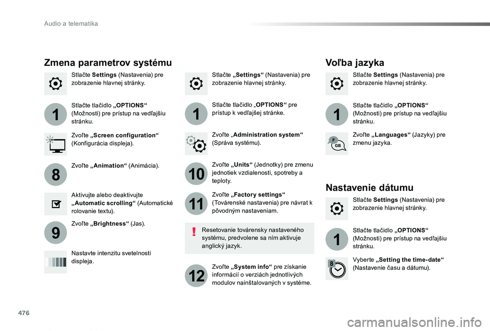 TOYOTA PROACE 2019  Návod na použitie (in Slovakian) 476
111
10
11
12
8
91
Proace_sk_Chap10c_RCC-1_ed01-2019
Stlačte „Settings“ (Nastavenia) pre zobrazenie hlavnej stránky.Stlačte Settings (Nastavenia) pre zobrazenie hlavnej stránky.Stlačte Set