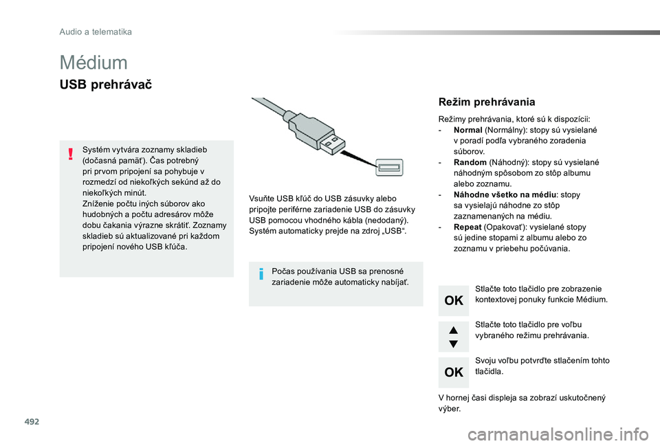 TOYOTA PROACE 2019  Návod na použitie (in Slovakian) 492
Proace_sk_Chap10d_RD6_ed01-2019
Médium
USB prehrávač
Vsuňte USB kľúč do USB zásuvky alebo pripojte periférne zariadenie USB do zásuvky USB pomocou vhodného kábla (nedodaný).Systém au