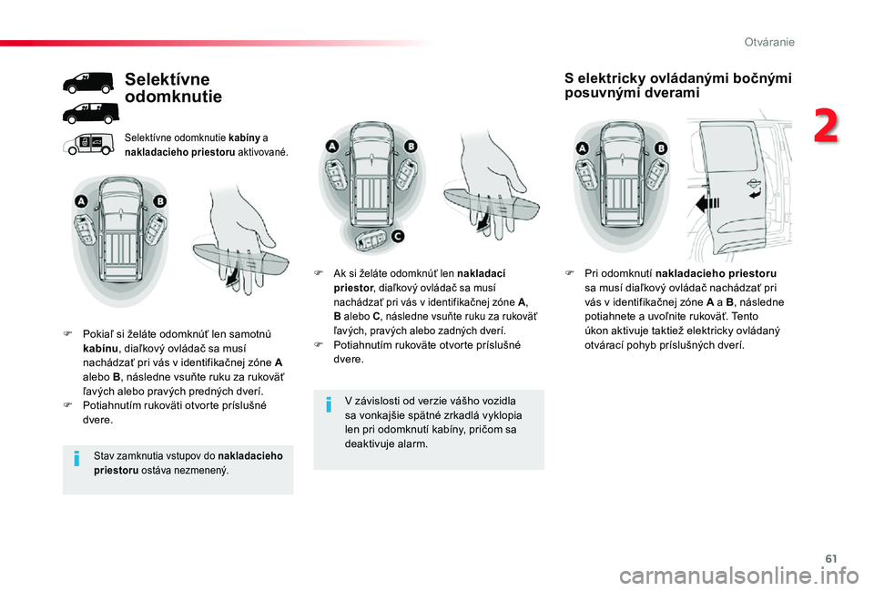 TOYOTA PROACE 2019 Návod na použitie (in Slovakian) 61
Proace_sk_Chap02_ouvertures_ed01-2019
V závislosti od verzie vášho vozidla
sa vonkajšie spätné zrkadlá vyklopia len pri odomknutí kabíny, pričom sa deaktivuje alarm.
Selektívne odomknut TOYOTA PROACE 2019 Návod na použitie (in Slovakian) 61
Proace_sk_Chap02_ouvertures_ed01-2019
V závislosti od verzie vášho vozidla
sa vonkajšie spätné zrkadlá vyklopia len pri odomknutí kabíny, pričom sa deaktivuje alarm.
Selektívne odomknut