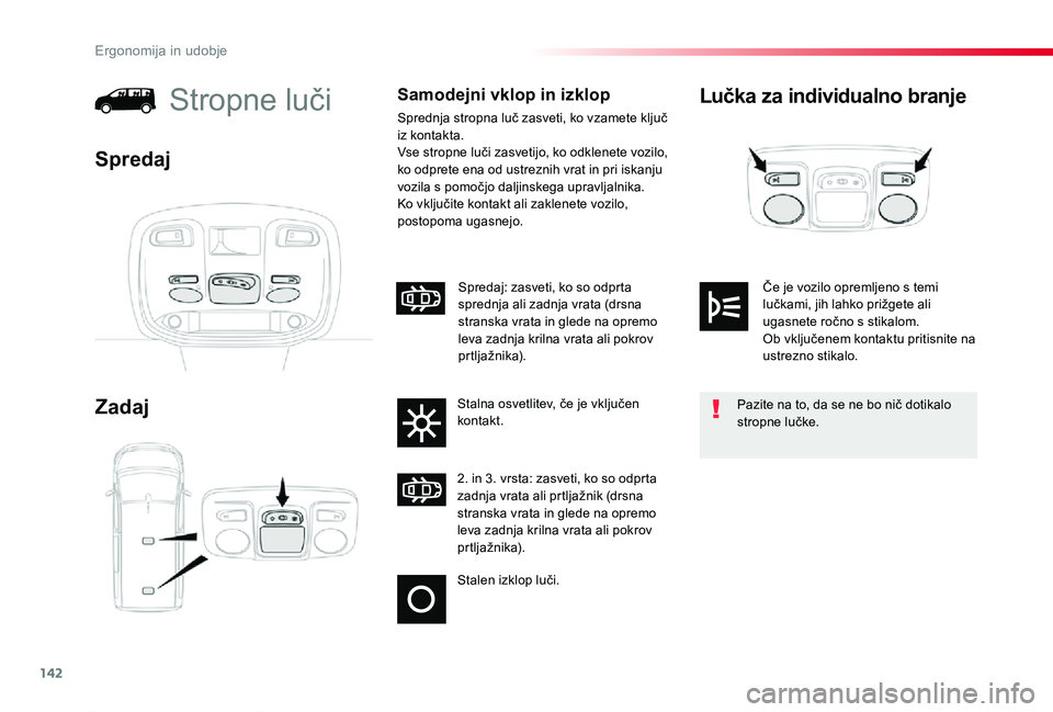 TOYOTA PROACE 2019 Navodila Za Uporabo (in Slovenian) 142
Proace_sl_Chap03_ergonomie-et-confort_ed01-2019
Lučka za individualno branje
Zadaj
Stropne lučiSamodejni vklop in izklop
Sprednja stropna luč zasveti, ko vzamete ključ iz kontakta.Vse stropne TOYOTA PROACE 2019 Navodila Za Uporabo (in Slovenian) 142
Proace_sl_Chap03_ergonomie-et-confort_ed01-2019
Lučka za individualno branje
Zadaj
Stropne lučiSamodejni vklop in izklop
Sprednja stropna luč zasveti, ko vzamete ključ iz kontakta.Vse stropne