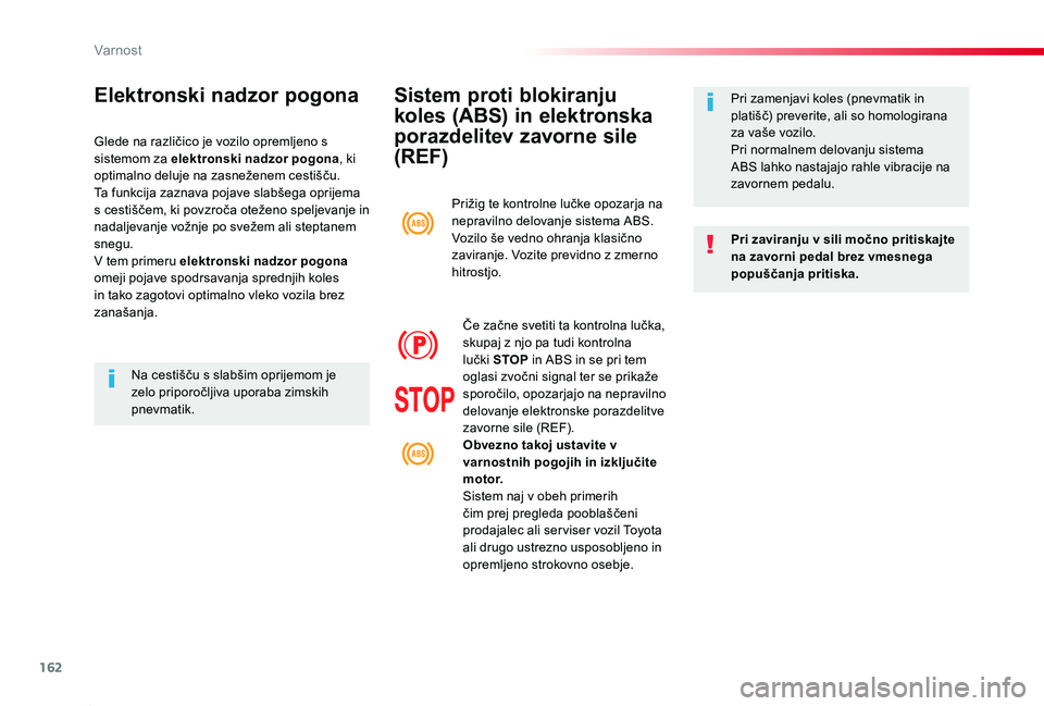 TOYOTA PROACE 2019 Navodila Za Uporabo (in Slovenian) 162
Proace_sl_Chap05_securite_ed01-2019
Sistem proti blokiranju
koles (ABS) in elektronska
porazdelitev zavorne sile
(REF)
Pri zaviranju v sili močno pritiskajte na zavorni pedal brez vmesnega pop TOYOTA PROACE 2019 Navodila Za Uporabo (in Slovenian) 162
Proace_sl_Chap05_securite_ed01-2019
Sistem proti blokiranju
koles (ABS) in elektronska
porazdelitev zavorne sile
(REF)
Pri zaviranju v sili močno pritiskajte na zavorni pedal brez vmesnega pop