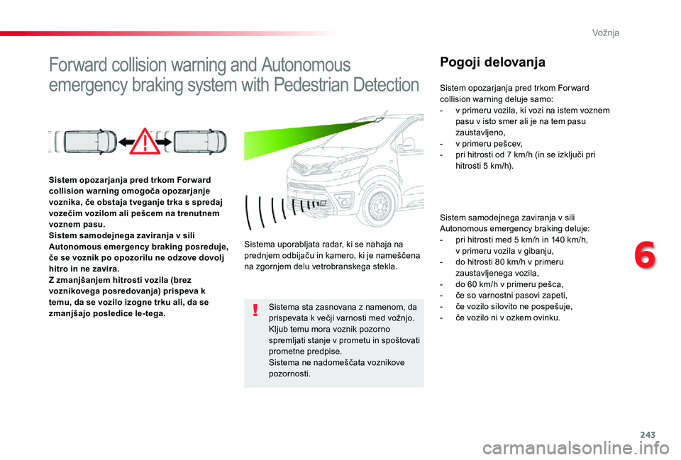 TOYOTA PROACE 2019 Navodila Za Uporabo (in Slovenian) 243
Proace_sl_Chap06_conduite_ed01-2019
Forward collision warning and Autonomous
emergency braking system with Pedestrian Detection
Pogoji delovanja
Sistem samodejnega zaviranja v sili Autonomous eme TOYOTA PROACE 2019 Navodila Za Uporabo (in Slovenian) 243
Proace_sl_Chap06_conduite_ed01-2019
Forward collision warning and Autonomous
emergency braking system with Pedestrian Detection
Pogoji delovanja
Sistem samodejnega zaviranja v sili Autonomous eme