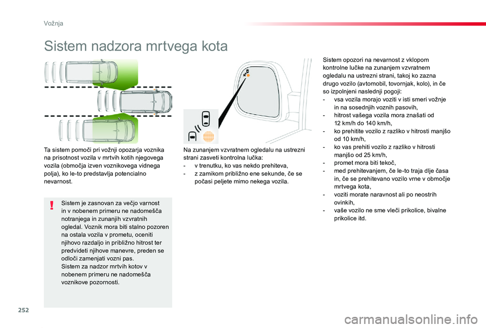 TOYOTA PROACE 2019 Navodila Za Uporabo (in Slovenian) 252
Proace_sl_Chap06_conduite_ed01-2019
Sistem nadzora mrtvega kota
Na zunanjem vzvratnem ogledalu na ustrezni strani zasveti kontrolna lučka:- v trenutku, ko vas nekdo prehiteva,- z zamikom približ TOYOTA PROACE 2019 Navodila Za Uporabo (in Slovenian) 252
Proace_sl_Chap06_conduite_ed01-2019
Sistem nadzora mrtvega kota
Na zunanjem vzvratnem ogledalu na ustrezni strani zasveti kontrolna lučka:- v trenutku, ko vas nekdo prehiteva,- z zamikom približ