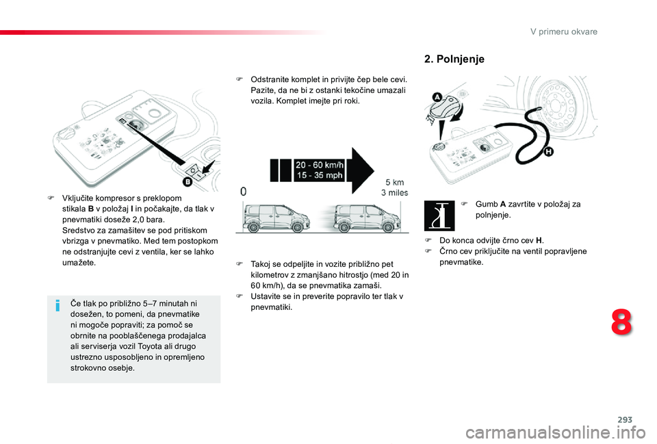 TOYOTA PROACE 2019 Navodila Za Uporabo (in Slovenian) 293
Proace_sl_Chap08_En-cas-de-panne_ed01-2019
Če tlak po približno 5 –7 minutah ni dosežen, to pomeni, da pnevmatike ni mogoče popraviti; za pomoč se obrnite na pooblaščenega prodajalca ali TOYOTA PROACE 2019 Navodila Za Uporabo (in Slovenian) 293
Proace_sl_Chap08_En-cas-de-panne_ed01-2019
Če tlak po približno 5 –7 minutah ni dosežen, to pomeni, da pnevmatike ni mogoče popraviti; za pomoč se obrnite na pooblaščenega prodajalca ali