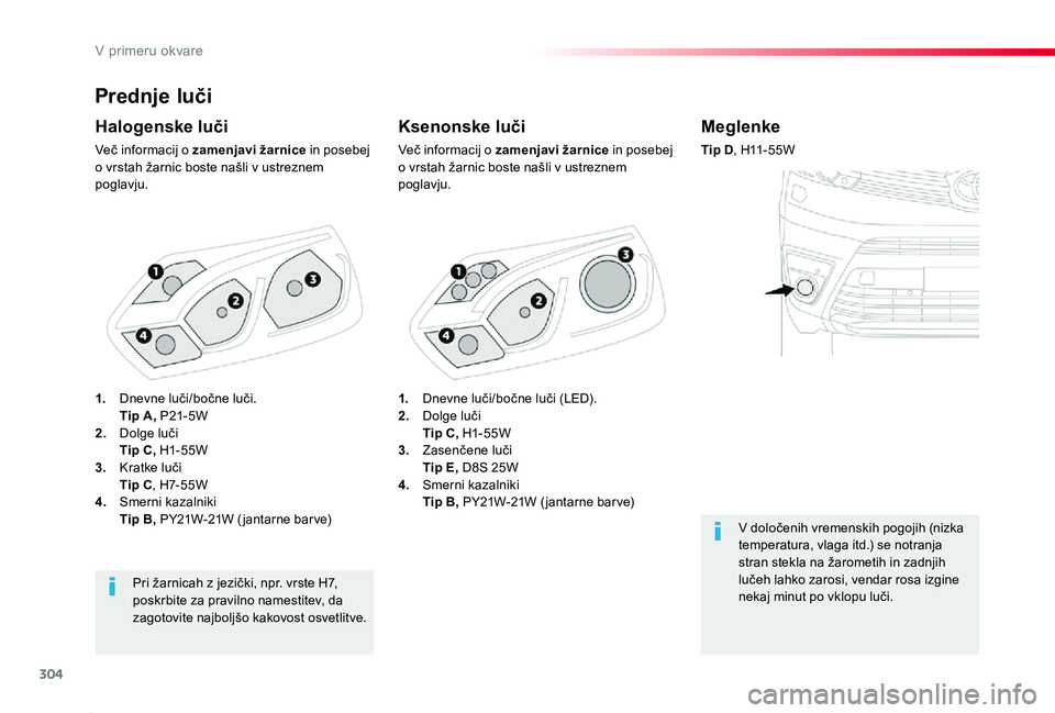 TOYOTA PROACE 2019 Navodila Za Uporabo (in Slovenian) 304
Proace_sl_Chap08_En-cas-de-panne_ed01-2019
Prednje luči
Ksenonske luči
Več informacij o zamenjavi žarnice in posebej o vrstah žarnic boste našli v ustreznem poglavju.
Halogenske luči
Več i TOYOTA PROACE 2019 Navodila Za Uporabo (in Slovenian) 304
Proace_sl_Chap08_En-cas-de-panne_ed01-2019
Prednje luči
Ksenonske luči
Več informacij o zamenjavi žarnice in posebej o vrstah žarnic boste našli v ustreznem poglavju.
Halogenske luči
Več i