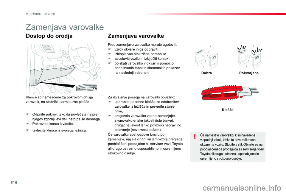 TOYOTA PROACE 2019 Navodila Za Uporabo (in Slovenian) 316
Proace_sl_Chap08_En-cas-de-panne_ed01-2019
F Odpnite pokrov, tako da povlečete najprej njegov zgornji levi del, nato pa še desnega.F Pokrov do konca izvlecite.
DobraPokvarjena
Klešče
Dostop do TOYOTA PROACE 2019 Navodila Za Uporabo (in Slovenian) 316
Proace_sl_Chap08_En-cas-de-panne_ed01-2019
F Odpnite pokrov, tako da povlečete najprej njegov zgornji levi del, nato pa še desnega.F Pokrov do konca izvlecite.
DobraPokvarjena
Klešče
Dostop do