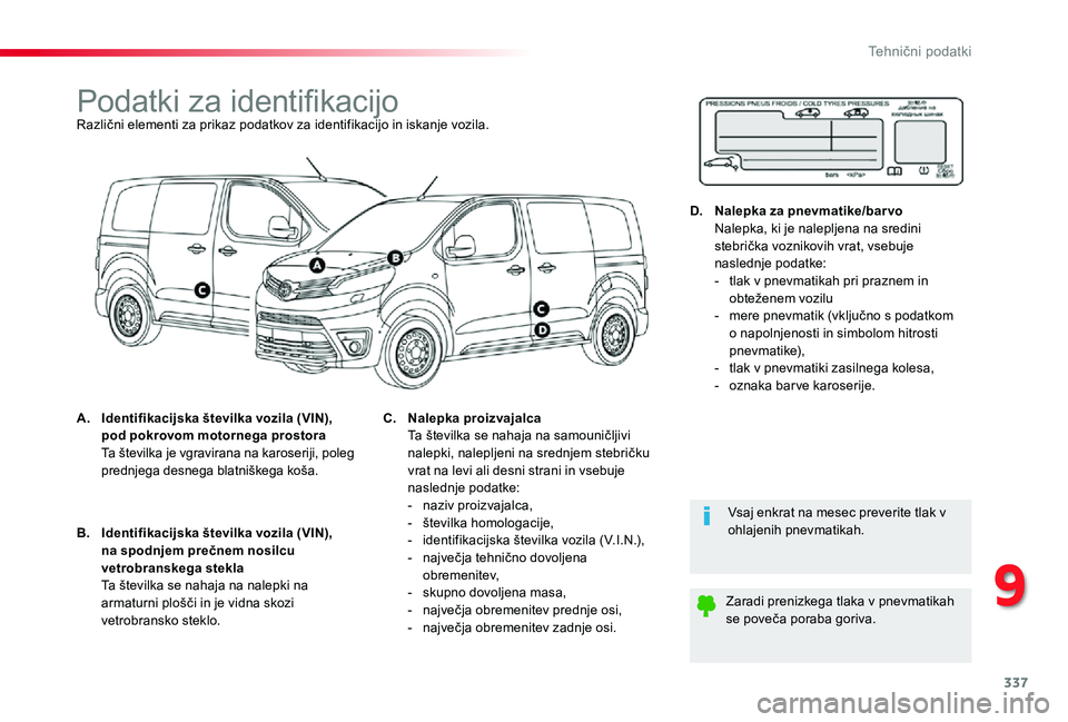 TOYOTA PROACE 2019 Navodila Za Uporabo (in Slovenian) 337
Proace_sl_Chap09_caracteristiques-techniques_ed01-2019
Podatki za identifikacijoRazlični elementi za prikaz podatkov za identifikacijo in iskanje vozila.
A. Identifikacijska številka vozila (VIN TOYOTA PROACE 2019 Navodila Za Uporabo (in Slovenian) 337
Proace_sl_Chap09_caracteristiques-techniques_ed01-2019
Podatki za identifikacijoRazlični elementi za prikaz podatkov za identifikacijo in iskanje vozila.
A. Identifikacijska številka vozila (VIN