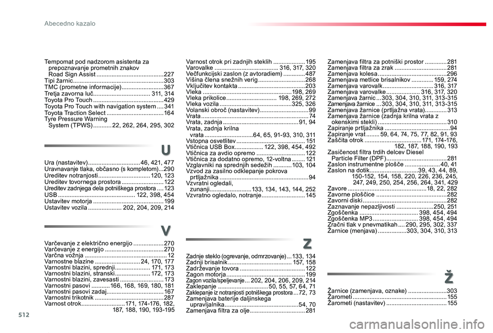 TOYOTA PROACE 2019 Navodila Za Uporabo (in Slovenian) 512
Proace_sl_Chap11_index-alpha_ed01-2019
r
s
w
;
Tempomat pod nadzorom asistenta za prepoznavanje prometnih znakov Road Sign Assist ........................................227Tipi žarnic ......... TOYOTA PROACE 2019 Navodila Za Uporabo (in Slovenian) 512
Proace_sl_Chap11_index-alpha_ed01-2019
r
s
w
;
Tempomat pod nadzorom asistenta za prepoznavanje prometnih znakov Road Sign Assist ........................................227Tipi žarnic .........