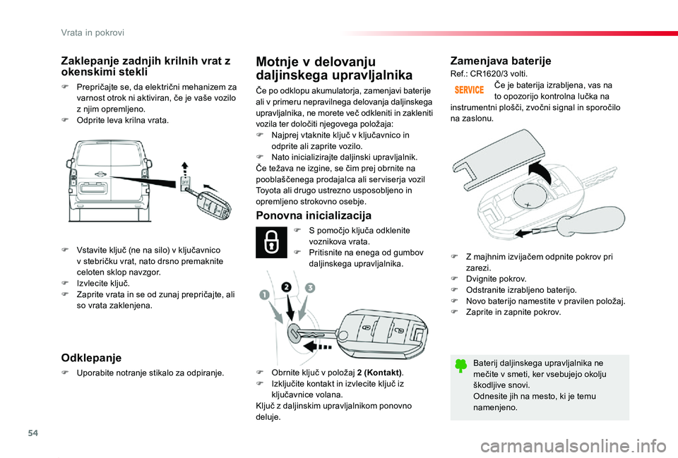 TOYOTA PROACE 2019 Navodila Za Uporabo (in Slovenian) 54
Proace_sl_Chap02_ouvertures_ed01-2019
Zamenjava baterije
Baterij daljinskega upravljalnika ne mečite v smeti, ker vsebujejo okolju škodljive snovi.Odnesite jih na mesto, ki je temu namenjeno.
Če TOYOTA PROACE 2019 Navodila Za Uporabo (in Slovenian) 54
Proace_sl_Chap02_ouvertures_ed01-2019
Zamenjava baterije
Baterij daljinskega upravljalnika ne mečite v smeti, ker vsebujejo okolju škodljive snovi.Odnesite jih na mesto, ki je temu namenjeno.
Če