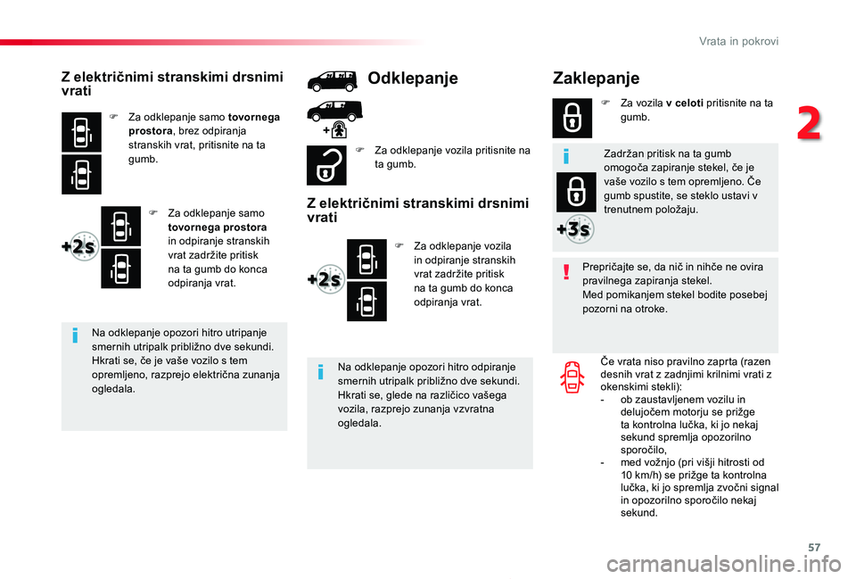 TOYOTA PROACE 2019 Navodila Za Uporabo (in Slovenian) 57
Proace_sl_Chap02_ouvertures_ed01-2019
Zaklepanje
Prepričajte se, da nič in nihče ne ovira pravilnega zapiranja stekel.Med pomikanjem stekel bodite posebej pozorni na otroke.
Če vrata niso pravi TOYOTA PROACE 2019 Navodila Za Uporabo (in Slovenian) 57
Proace_sl_Chap02_ouvertures_ed01-2019
Zaklepanje
Prepričajte se, da nič in nihče ne ovira pravilnega zapiranja stekel.Med pomikanjem stekel bodite posebej pozorni na otroke.
Če vrata niso pravi