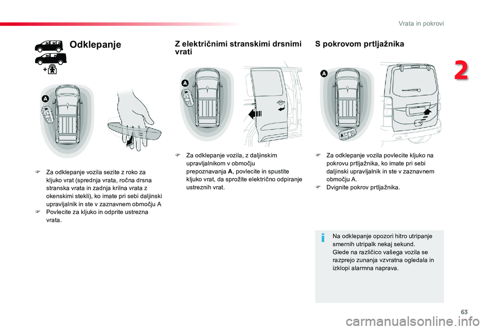 TOYOTA PROACE 2019 Navodila Za Uporabo (in Slovenian) 63
Proace_sl_Chap02_ouvertures_ed01-2019
Odklepanje
F Za odklepanje vozila sezite z roko za kljuko vrat (sprednja vrata, ročna drsna stranska vrata in zadnja krilna vrata z okenskimi stekli), ko imat TOYOTA PROACE 2019 Navodila Za Uporabo (in Slovenian) 63
Proace_sl_Chap02_ouvertures_ed01-2019
Odklepanje
F Za odklepanje vozila sezite z roko za kljuko vrat (sprednja vrata, ročna drsna stranska vrata in zadnja krilna vrata z okenskimi stekli), ko imat