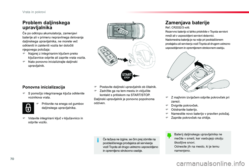 TOYOTA PROACE 2019 Navodila Za Uporabo (in Slovenian) 70
Proace_sl_Chap02_ouvertures_ed01-2019
Zamenjava baterije
Ref.: CR2032/3 volti.Rezer vno baterijo si lahko priskrbite v Toyota ser visni mreži ali v usposobljeni ser visni delavnici.Nadomestna bate TOYOTA PROACE 2019 Navodila Za Uporabo (in Slovenian) 70
Proace_sl_Chap02_ouvertures_ed01-2019
Zamenjava baterije
Ref.: CR2032/3 volti.Rezer vno baterijo si lahko priskrbite v Toyota ser visni mreži ali v usposobljeni ser visni delavnici.Nadomestna bate