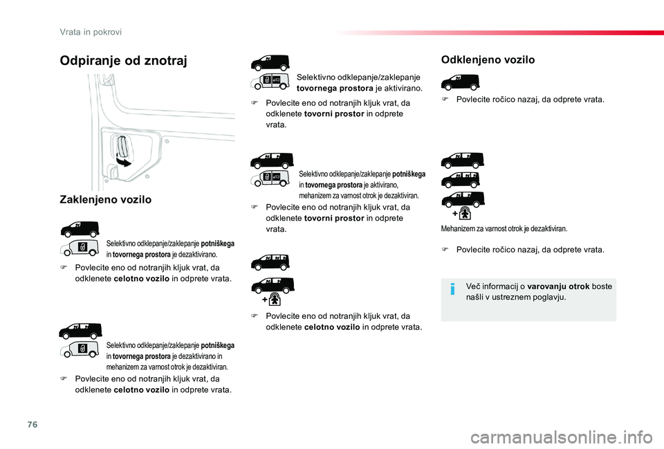 TOYOTA PROACE 2019 Navodila Za Uporabo (in Slovenian) 76
Proace_sl_Chap02_ouvertures_ed01-2019
Več informacij o varovanju otrok boste našli v ustreznem poglavju.
Odpiranje od znotraj
Selektivno odklepanje/zaklepanje potniškega in tovornega prostora je TOYOTA PROACE 2019 Navodila Za Uporabo (in Slovenian) 76
Proace_sl_Chap02_ouvertures_ed01-2019
Več informacij o varovanju otrok boste našli v ustreznem poglavju.
Odpiranje od znotraj
Selektivno odklepanje/zaklepanje potniškega in tovornega prostora je