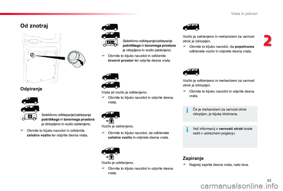 TOYOTA PROACE 2019 Navodila Za Uporabo (in Slovenian) 93
Proace_sl_Chap02_ouvertures_ed01-2019
Če je mehanizem za varnost otrok vklopljen, je kljuka blokirana.
Več informacij o varnosti otrok boste našli v ustreznem poglavju.
Od znotraj
Odpiranje
Sele TOYOTA PROACE 2019 Navodila Za Uporabo (in Slovenian) 93
Proace_sl_Chap02_ouvertures_ed01-2019
Če je mehanizem za varnost otrok vklopljen, je kljuka blokirana.
Več informacij o varnosti otrok boste našli v ustreznem poglavju.
Od znotraj
Odpiranje
Sele