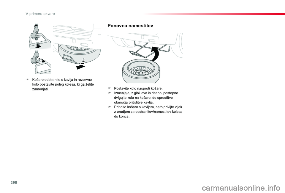 TOYOTA PROACE 2019 Manual de utilizare (in Romanian) 298
Proace_sl_Chap08_En-cas-de-panne_ed01-2019
F Košaro odstranite s kavlja in rezer vno kolo postavite poleg kolesa, ki ga želite zamenjati.
Ponovna namestitev
F Postavite kolo nasproti košare.F I TOYOTA PROACE 2019 Manual de utilizare (in Romanian) 298
Proace_sl_Chap08_En-cas-de-panne_ed01-2019
F Košaro odstranite s kavlja in rezer vno kolo postavite poleg kolesa, ki ga želite zamenjati.
Ponovna namestitev
F Postavite kolo nasproti košare.F I