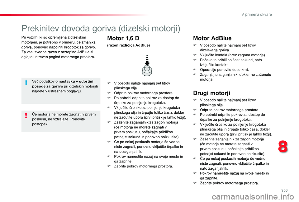 TOYOTA PROACE 2019 Manual de utilizare (in Romanian) 327
Proace_sl_Chap08_En-cas-de-panne_ed01-2019
Pri vozilih, ki so opremljena z dizelskim motorjem, je potrebno v primeru, če zmanjka goriva, ponovno napolniti krogotok za gorivo.Za vse izvedbe razen TOYOTA PROACE 2019 Manual de utilizare (in Romanian) 327
Proace_sl_Chap08_En-cas-de-panne_ed01-2019
Pri vozilih, ki so opremljena z dizelskim motorjem, je potrebno v primeru, če zmanjka goriva, ponovno napolniti krogotok za gorivo.Za vse izvedbe razen