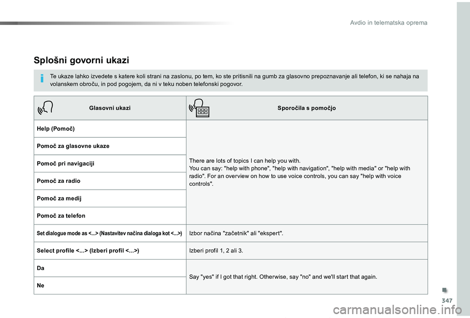 TOYOTA PROACE 2019 Manual de utilizare (in Romanian) 347
Proace_sl_Chap10b_NAC-1_ed01-2019
Splošni govorni ukazi
Te ukaze lahko izvedete s katere koli strani na zaslonu, po tem, ko ste pritisnili na gumb za glasovno prepoznavanje ali telefon, ki se nah TOYOTA PROACE 2019 Manual de utilizare (in Romanian) 347
Proace_sl_Chap10b_NAC-1_ed01-2019
Splošni govorni ukazi
Te ukaze lahko izvedete s katere koli strani na zaslonu, po tem, ko ste pritisnili na gumb za glasovno prepoznavanje ali telefon, ki se nah