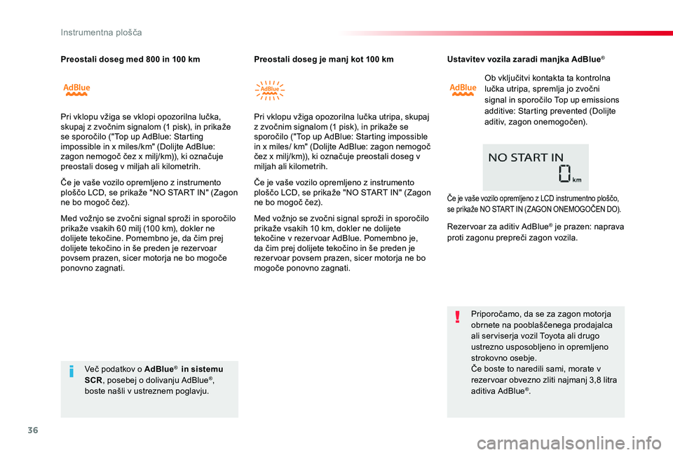 TOYOTA PROACE 2019 Manual de utilizare (in Romanian) 36
Proace_sl_Chap01_instruments-de-bord_ed01-2019
Ustavitev vozila zaradi manjka AdBlue®
Ob vključitvi kontakta ta kontrolna lučka utripa, spremlja jo zvočni signal in sporočilo Top up emissions TOYOTA PROACE 2019 Manual de utilizare (in Romanian) 36
Proace_sl_Chap01_instruments-de-bord_ed01-2019
Ustavitev vozila zaradi manjka AdBlue®
Ob vključitvi kontakta ta kontrolna lučka utripa, spremlja jo zvočni signal in sporočilo Top up emissions
