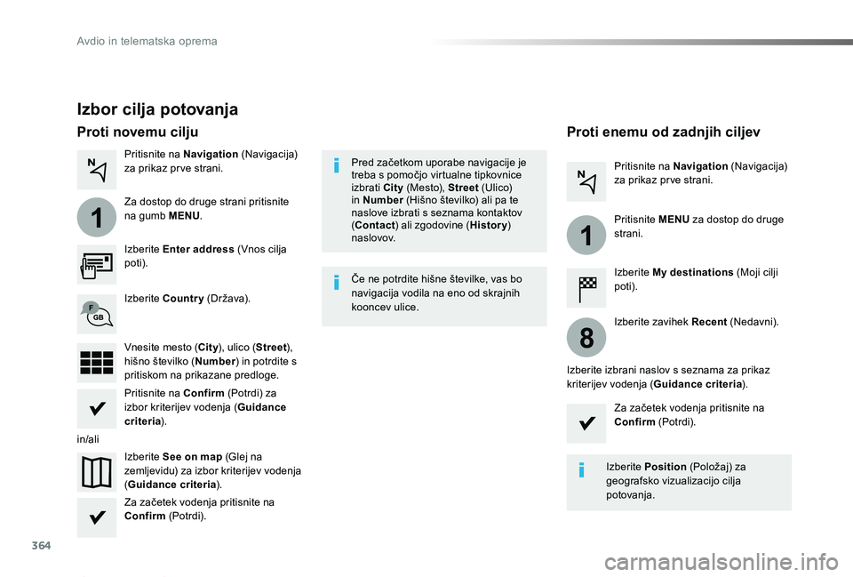 TOYOTA PROACE 2019  Manual de utilizare (in Romanian) 364
1
1
8
Proace_sl_Chap10b_NAC-1_ed01-2019
Izbor cilja potovanja
Izberite Enter address (Vnos cilja poti).
Izberite See on map (Glej na zemljevidu) za izbor kriterijev vodenja (Guidance criteria).
Iz