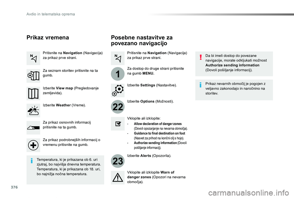 TOYOTA PROACE 2019 Manual de utilizare (in Romanian) 376
22
23
1
Proace_sl_Chap10b_NAC-1_ed01-2019
Posebne nastavitve za
povezano navigacijç
Da bi imeli dostop do povezane navigacije, morate odkljukati možnost Authorize sending information (Dovoli po TOYOTA PROACE 2019 Manual de utilizare (in Romanian) 376
22
23
1
Proace_sl_Chap10b_NAC-1_ed01-2019
Posebne nastavitve za
povezano navigacijç
Da bi imeli dostop do povezane navigacije, morate odkljukati možnost Authorize sending information (Dovoli po