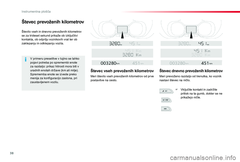TOYOTA PROACE 2019 Manual de utilizare (in Romanian) 38
Proace_sl_Chap01_instruments-de-bord_ed01-2019
Števec prevoženih kilometrov
Število vseh in dnevno prevoženih kilometrov se za trideset sekund prikaže ob izključitvi kontakta, ob odprtju vozn TOYOTA PROACE 2019 Manual de utilizare (in Romanian) 38
Proace_sl_Chap01_instruments-de-bord_ed01-2019
Števec prevoženih kilometrov
Število vseh in dnevno prevoženih kilometrov se za trideset sekund prikaže ob izključitvi kontakta, ob odprtju vozn