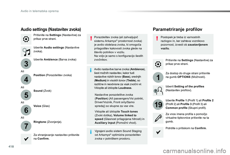 TOYOTA PROACE 2019 Manual de utilizare (in Romanian) 418
3
4
5
6
7
1
19
Proace_sl_Chap10b_NAC-1_ed01-2019
Pritisnite na Settings (Nastavitve) za prikaz pr ve strani.
Parametriranje profilovAudio settings (Nastavitev zvoka)
Pritisnite na Settings (Nastav TOYOTA PROACE 2019 Manual de utilizare (in Romanian) 418
3
4
5
6
7
1
19
Proace_sl_Chap10b_NAC-1_ed01-2019
Pritisnite na Settings (Nastavitve) za prikaz pr ve strani.
Parametriranje profilovAudio settings (Nastavitev zvoka)
Pritisnite na Settings (Nastav