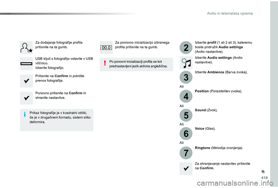 TOYOTA PROACE 2019 Manual de utilizare (in Romanian) 419
3
2
4
5
6
7
Proace_sl_Chap10b_NAC-1_ed01-2019
Izberite profil (1 ali 2 ali 3), kateremu boste pridružili Audio settings (Avdio nastavitve).
Izberite Audio settings (Avdio nastavitve).
Izberite Am TOYOTA PROACE 2019 Manual de utilizare (in Romanian) 419
3
2
4
5
6
7
Proace_sl_Chap10b_NAC-1_ed01-2019
Izberite profil (1 ali 2 ali 3), kateremu boste pridružili Audio settings (Avdio nastavitve).
Izberite Audio settings (Avdio nastavitve).
Izberite Am