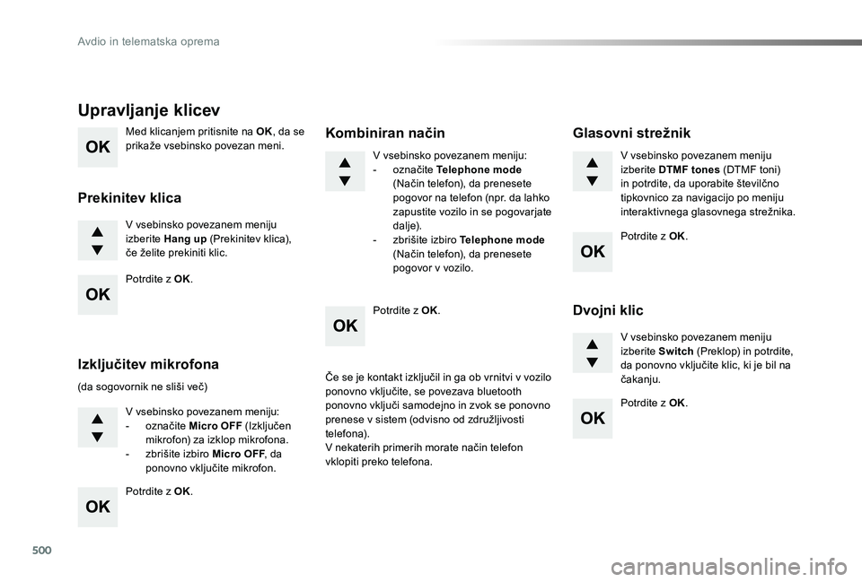 TOYOTA PROACE 2019 Manual de utilizare (in Romanian) 500
Proace_sl_Chap10d_RD6_ed01-2019
Med klicanjem pritisnite na OK, da se prikaže vsebinsko povezan meni.
V vsebinsko povezanem meniju izberite Hang up (Prekinitev klica), če želite prekiniti klic. TOYOTA PROACE 2019 Manual de utilizare (in Romanian) 500
Proace_sl_Chap10d_RD6_ed01-2019
Med klicanjem pritisnite na OK, da se prikaže vsebinsko povezan meni.
V vsebinsko povezanem meniju izberite Hang up (Prekinitev klica), če želite prekiniti klic.