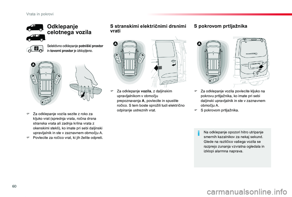 TOYOTA PROACE 2019  Manual de utilizare (in Romanian) 60
Proace_sl_Chap02_ouvertures_ed01-2019
Selektivno odklepanje potniški prostor in tovorni prostor je izklopljeno.
Na odklepanje opozori hitro utripanje smernih kazalnikov za nekaj sekund.Glede na ra