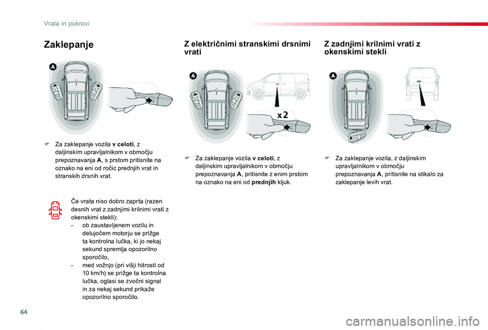 TOYOTA PROACE 2019  Manual de utilizare (in Romanian) 64
Proace_sl_Chap02_ouvertures_ed01-2019
Z električnimi stranskimi drsnimi vratiZaklepanje
F Za zaklepanje vozila v celoti, z daljinskim upravljalnikom v območju prepoznavanja  A, s prstom pritisnit