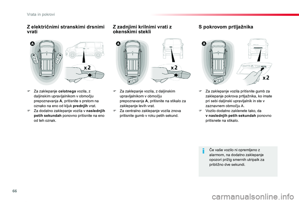 TOYOTA PROACE 2019  Manual de utilizare (in Romanian) 66
Proace_sl_Chap02_ouvertures_ed01-2019
F Za zaklepanje celotnega vozila, z daljinskim upravljalnikom v območju prepoznavanja A, pritisnite s prstom na oznako na eno od kljuk prednjih vrat.F Za doda