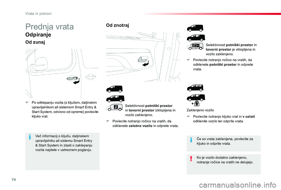TOYOTA PROACE 2019 Manual de utilizare (in Romanian) 74
Proace_sl_Chap02_ouvertures_ed01-2019
Prednja vrata
Odpiranje
Od zunaj
F Povlecite notranjo ročico na vratih, da odklenete celotno vozilo in odprete vrata.
F Povlecite notranjo ročico na vratih, TOYOTA PROACE 2019 Manual de utilizare (in Romanian) 74
Proace_sl_Chap02_ouvertures_ed01-2019
Prednja vrata
Odpiranje
Od zunaj
F Povlecite notranjo ročico na vratih, da odklenete celotno vozilo in odprete vrata.
F Povlecite notranjo ročico na vratih,