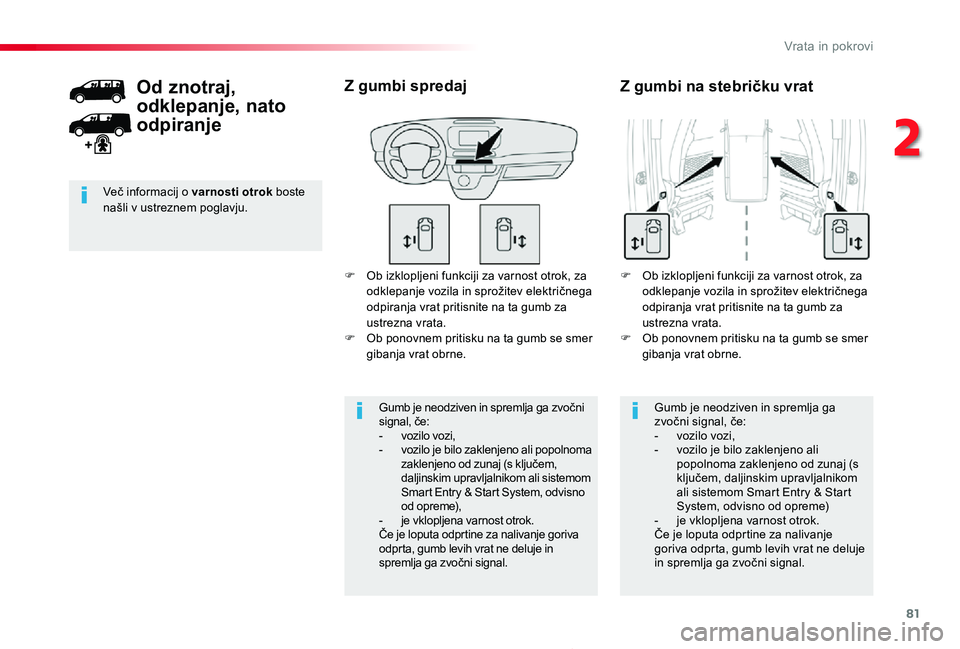 TOYOTA PROACE 2019 Manual de utilizare (in Romanian) 81
Proace_sl_Chap02_ouvertures_ed01-2019
F Ob izklopljeni funkciji za varnost otrok, za odklepanje vozila in sprožitev električnega odpiranja vrat pritisnite na ta gumb za ustrezna vrata.F Ob ponovn TOYOTA PROACE 2019 Manual de utilizare (in Romanian) 81
Proace_sl_Chap02_ouvertures_ed01-2019
F Ob izklopljeni funkciji za varnost otrok, za odklepanje vozila in sprožitev električnega odpiranja vrat pritisnite na ta gumb za ustrezna vrata.F Ob ponovn