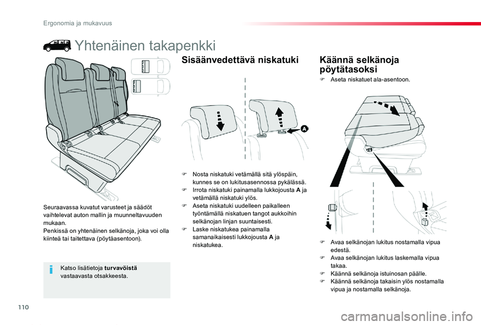 TOYOTA PROACE 2020 Omistajan Käsikirja (in Finnish) 110
Proace_fi_Chap03_ergonomie-et-confort_ed2019_V02
Yhtenäinen takapenkki
F Nosta niskatuki vetämällä sitä ylöspäin, kunnes se on lukitusasennossa pykälässä.F Irrota niskatuki painamalla lu TOYOTA PROACE 2020 Omistajan Käsikirja (in Finnish) 110
Proace_fi_Chap03_ergonomie-et-confort_ed2019_V02
Yhtenäinen takapenkki
F Nosta niskatuki vetämällä sitä ylöspäin, kunnes se on lukitusasennossa pykälässä.F Irrota niskatuki painamalla lu