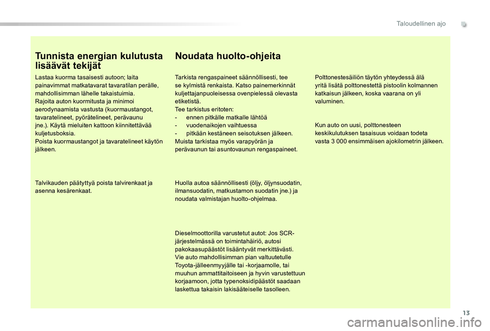 TOYOTA PROACE 2020 Omistajan Käsikirja (in Finnish) 13
Proace_fi_Chap00c_eco-conduite_ed2019_V02
Tunnista energian kulutusta
lisäävät tekijät
Lastaa kuorma tasaisesti autoon; laita painavimmat matkatavarat tavaratilan perälle, mahdollisimman läh TOYOTA PROACE 2020 Omistajan Käsikirja (in Finnish) 13
Proace_fi_Chap00c_eco-conduite_ed2019_V02
Tunnista energian kulutusta
lisäävät tekijät
Lastaa kuorma tasaisesti autoon; laita painavimmat matkatavarat tavaratilan perälle, mahdollisimman läh