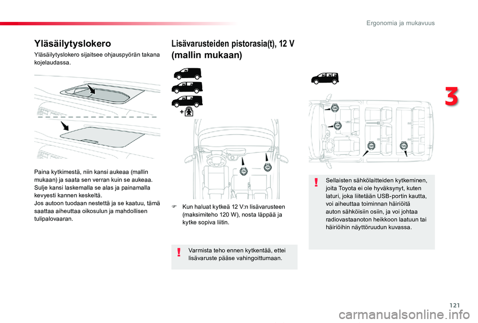 TOYOTA PROACE 2020 Omistajan Käsikirja (in Finnish) 121
Proace_fi_Chap03_ergonomie-et-confort_ed2019_V02
Yläsäilytyslokero
Yläsäilytyslokero sijaitsee ohjauspyörän takana kojelaudassa.
Paina kytkimestä, niin kansi aukeaa (mallin mukaan) ja saata TOYOTA PROACE 2020 Omistajan Käsikirja (in Finnish) 121
Proace_fi_Chap03_ergonomie-et-confort_ed2019_V02
Yläsäilytyslokero
Yläsäilytyslokero sijaitsee ohjauspyörän takana kojelaudassa.
Paina kytkimestä, niin kansi aukeaa (mallin mukaan) ja saata